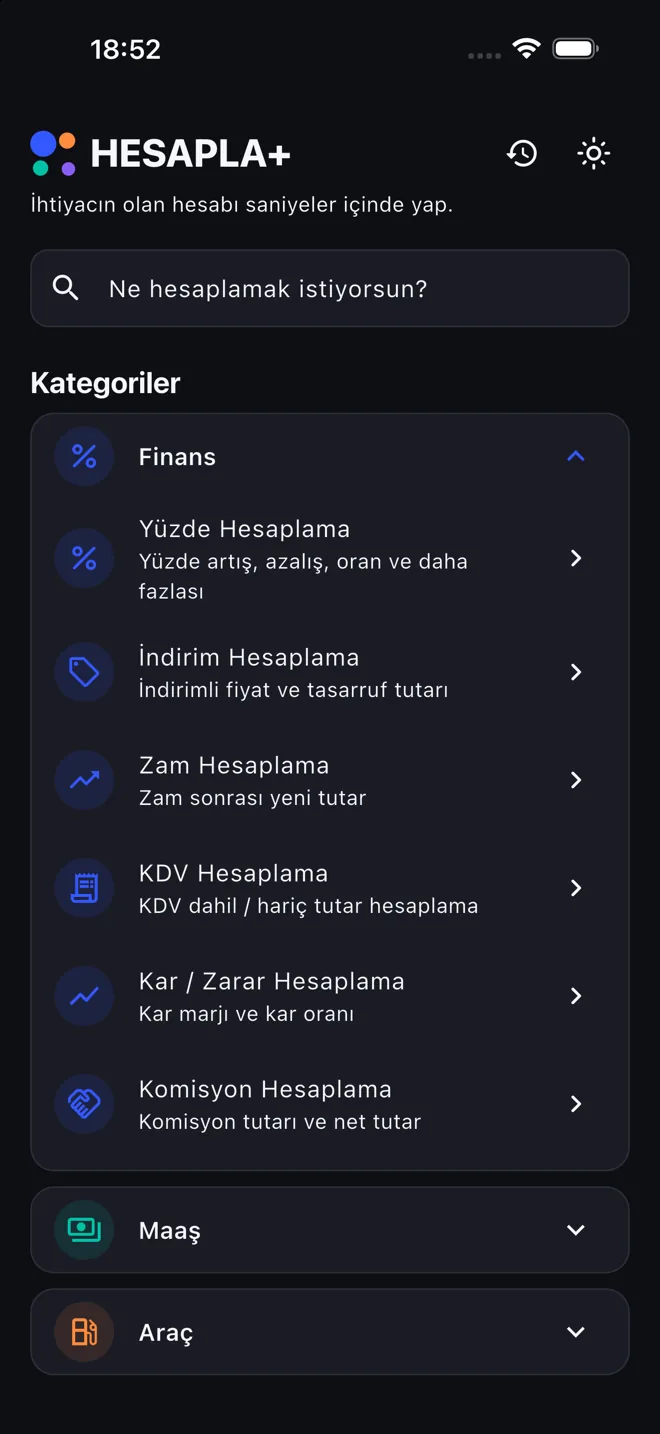 Hesapla+ koyu tema ana ekranı