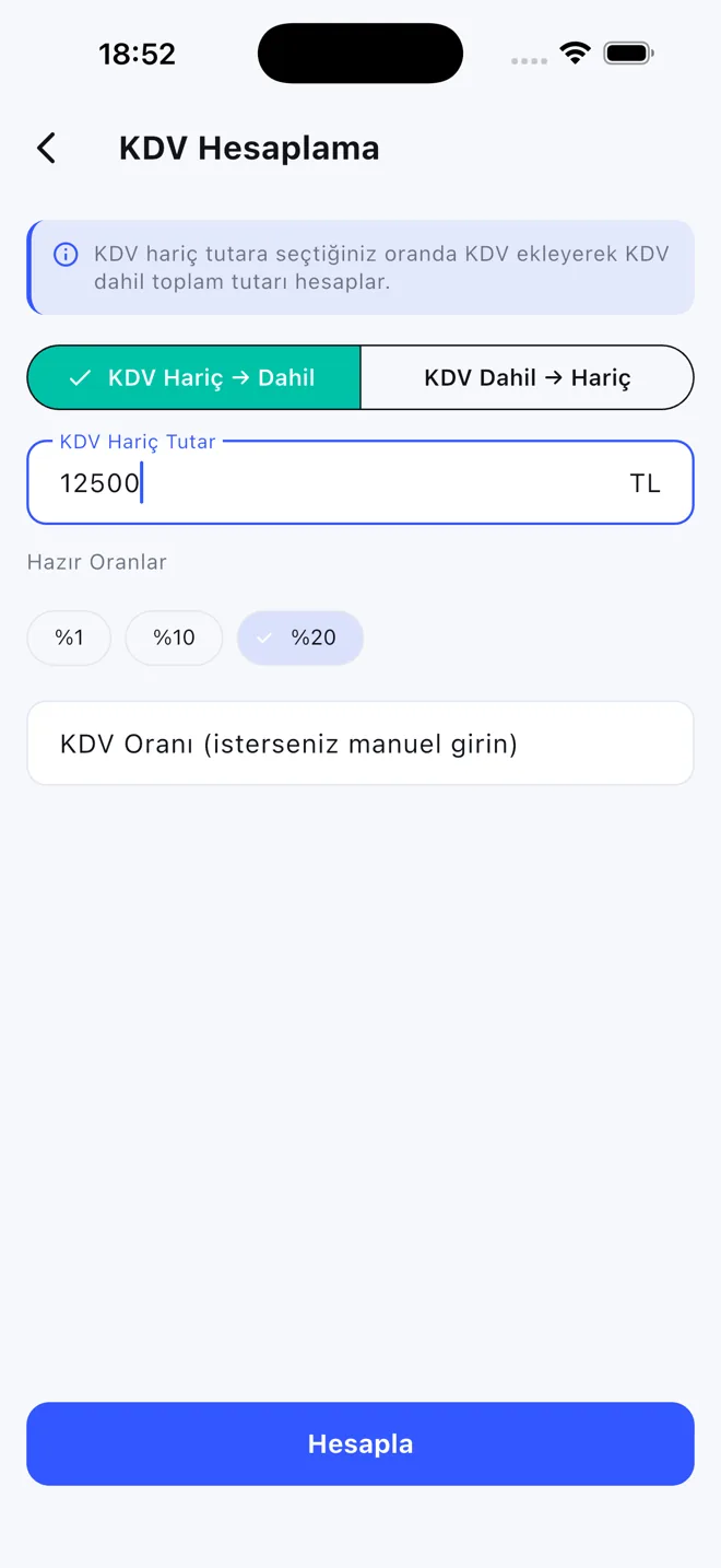 Hesapla+ KDV hesaplama ekranı